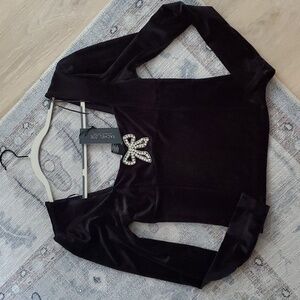 NWT Rachel Zoe Long Sleeve Black Velvet Rhinestone Bow Top SzS